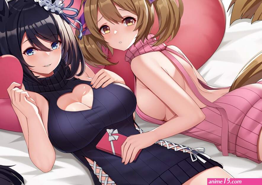 2girls animal ears anthropomorphism bed black hair blush breast hold breasts brown hair cleavage eishin flash no bra sideboob smart falcon tail twintails uma musume: pretty derby valentine vococo yellow eyes
