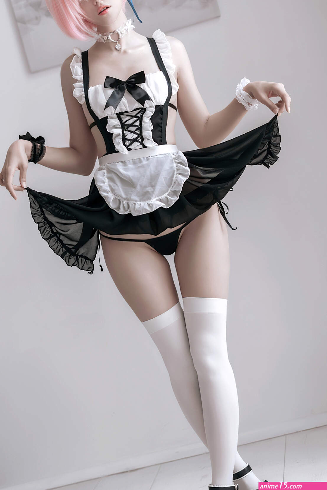 women model cosplay women indoors short hair pink hair Shirogane Sama parted lips legs hair over one eye looking away lifting skirt the gap indoors anime anime girls thigh-highs maid outfit Ram