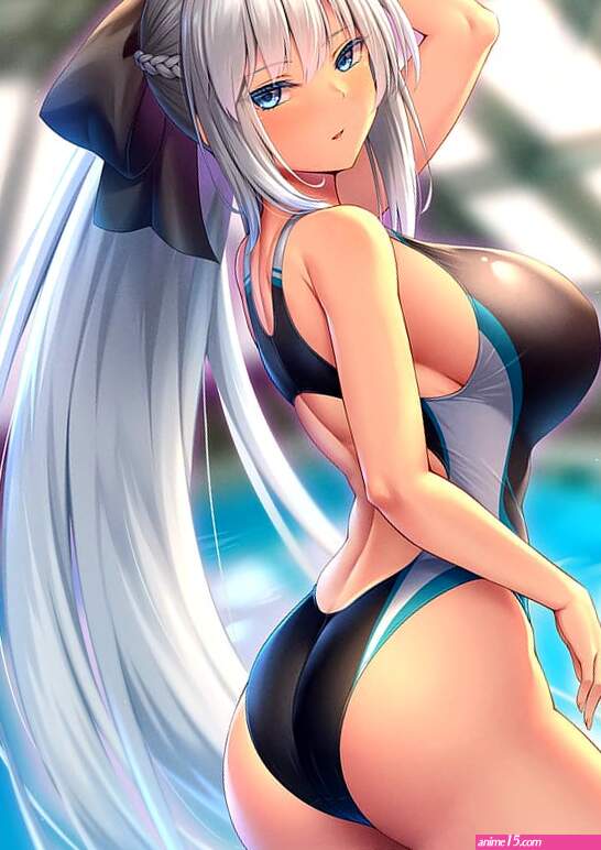 HD wallpaper: anime anime girls boobs big boobs swimwear ponytail white hair