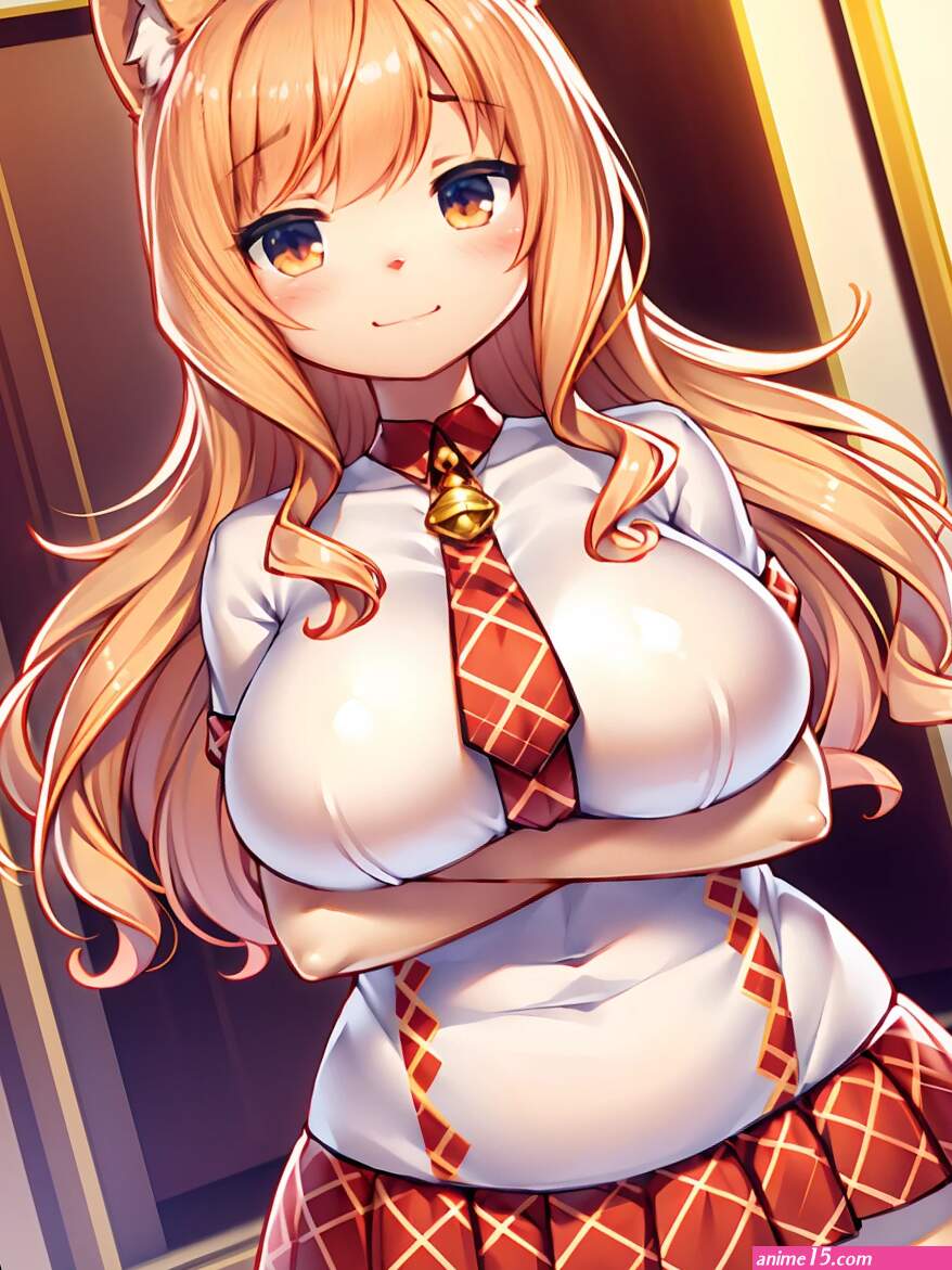 Anime girl with big breast and cat ears posing in a room