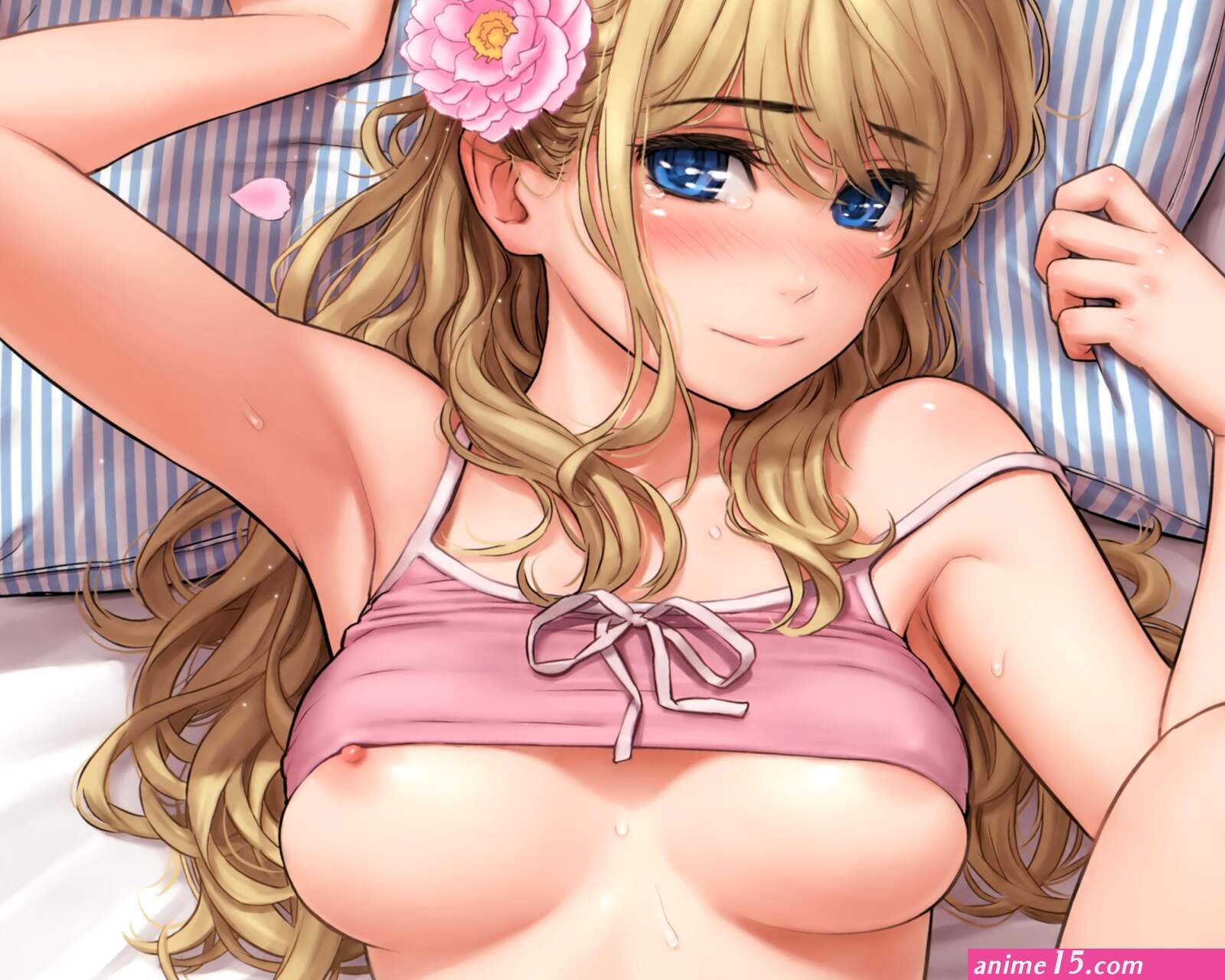 bed blonde hair blue eyes bra breasts cropped erect nipples flowers homunculus nipples nipple slip original petals scan underboob underwear