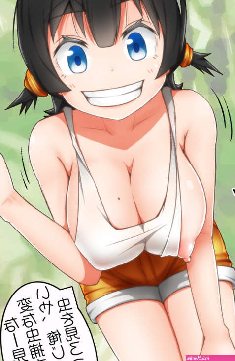 guchiota field akane yutaka original translated 1girl accidental exposure black hair blue eyes breast slip breasts bug cleavage downblouse female focus grin hand on own knee hanging breasts large breasts leaning forward