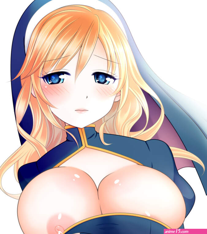 shibungimagu highres blonde hair blue eyes blush breasts cleavage habit lactation large breasts nipple slip nipples nun one breast out