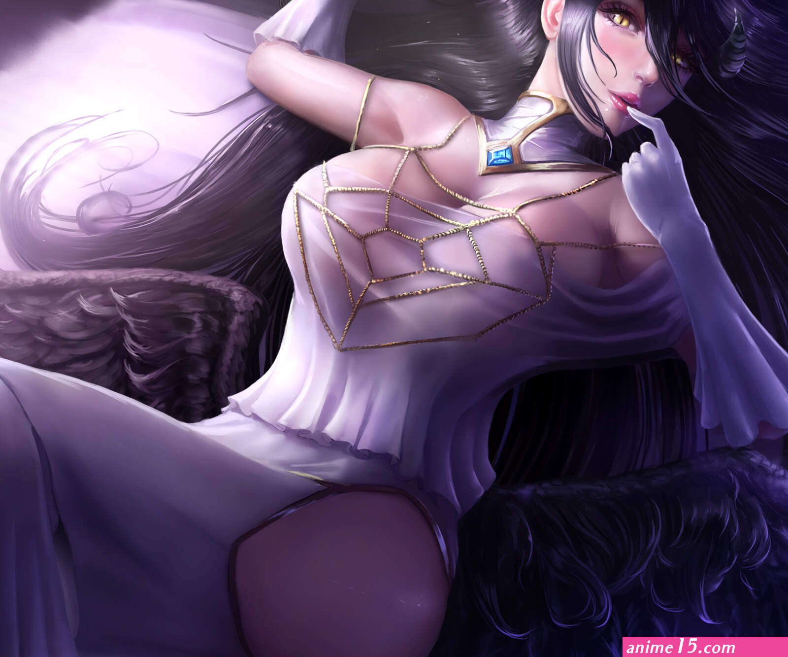 monster girl juicy lips belly bare shoulders cleavage demon girls big boobs curvy looking at viewer lying on back thighs finger in mouth sensual gaze parted lips long hair in bed armpits