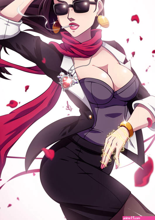 scott bennett lisa lisa jojo no kimyou na bouken 1girl arm behind head blurry breasts brown hair cigarette cleavage earrings female focus gradient background jacket jewelry large breasts lips lipstick long hair