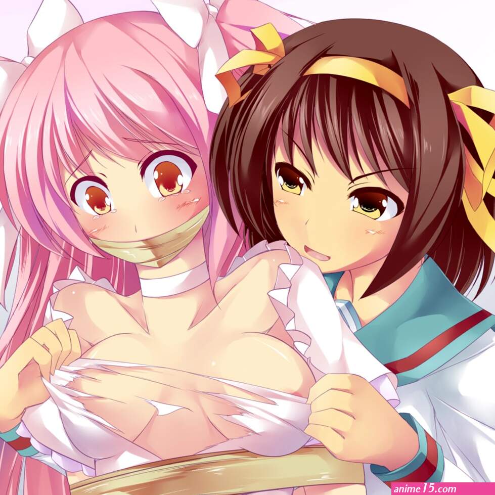 maullarmaullar puella magi madoka magica suzumiya haruhi no yuuutsu kaname madoka suzumiya haruhi areola bondage cleavage crossover seifuku torn clothes yuri