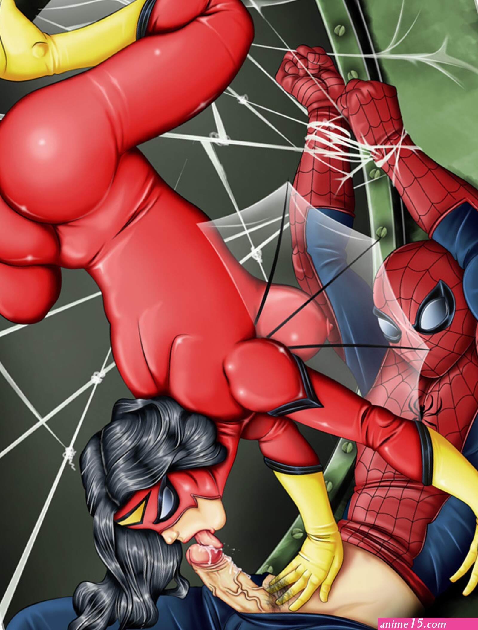 NSFW uncensored Marvel Comics hentai super hero porn art of SpiderWoman sucking Spider-Mans cock.