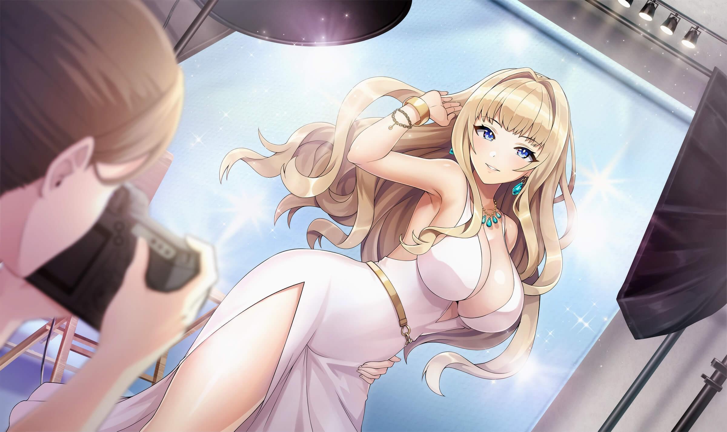 dress anime blue eyes camera blonde big boobs anime girls 2400x1427