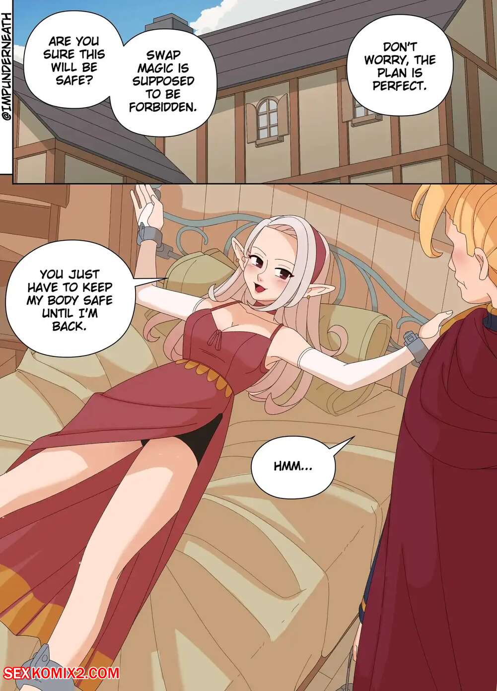 Porn comic Elf and Criminal Body Swap. ImpUnderneath Sex comic guy tied up