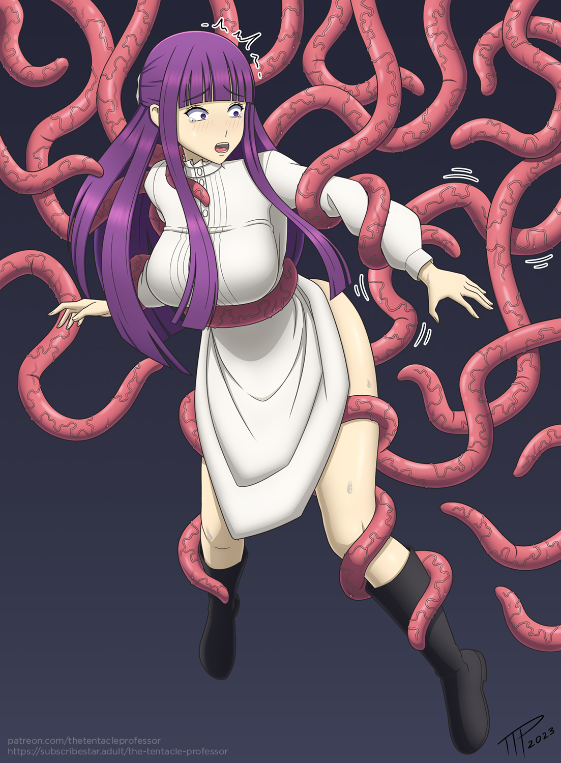 the tentacle professor fern sousou no frieren sousou no frieren clothes highres 1girl bdsm bondage bound breasts clothes lift dress dress lift from behind interspecies large breasts long hair restrained sex sex