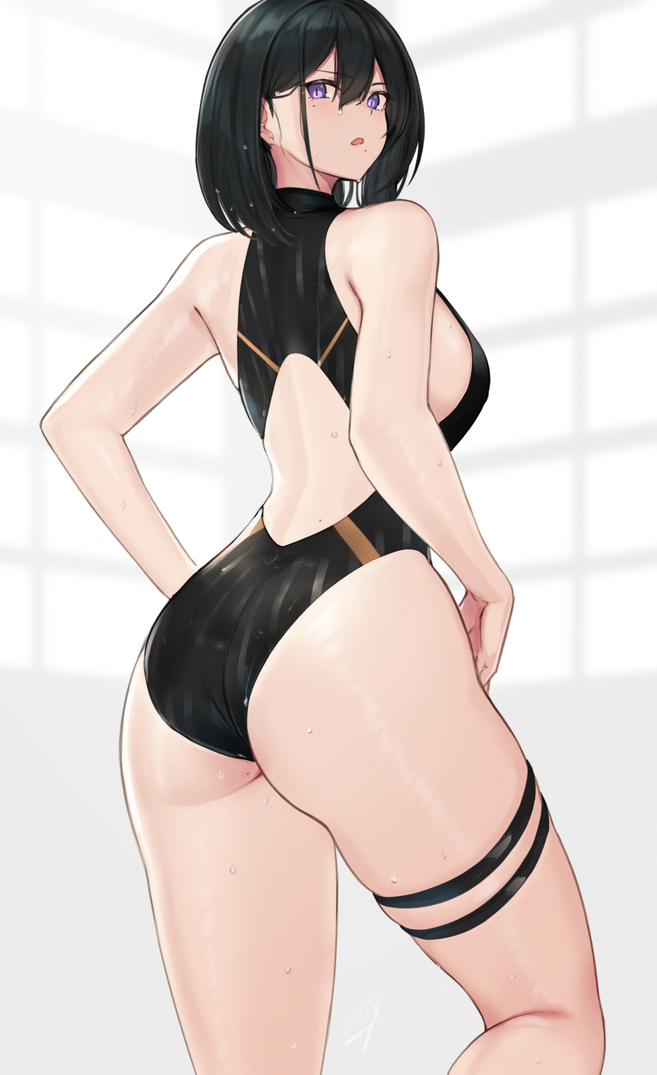 ass Hayabusa artist anime girls anime portrait display black hair purple eyes one-piece swimsuit