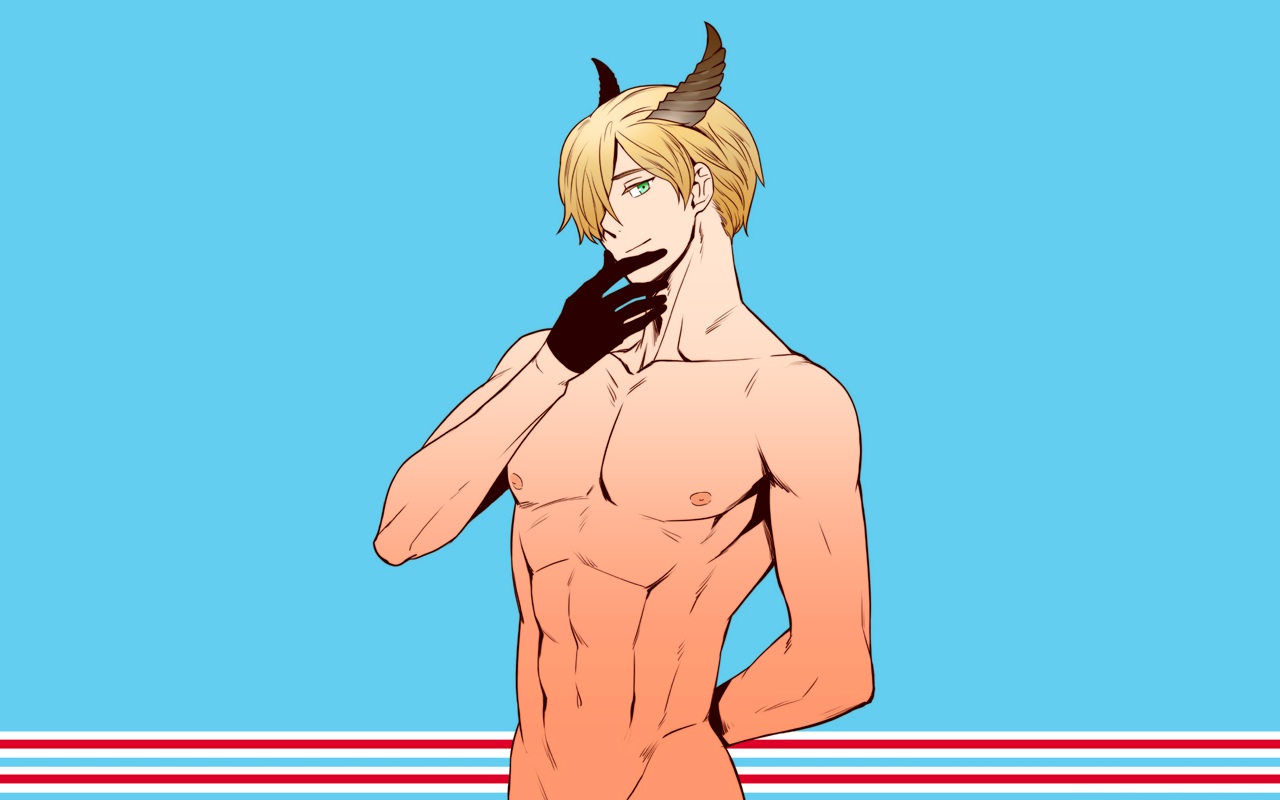 all male anthropomorphism axis powers hetalia blonde hair blue gloves green eyes horns luxembourg hetalia male navel nipples nude rebasashi third-party edit
