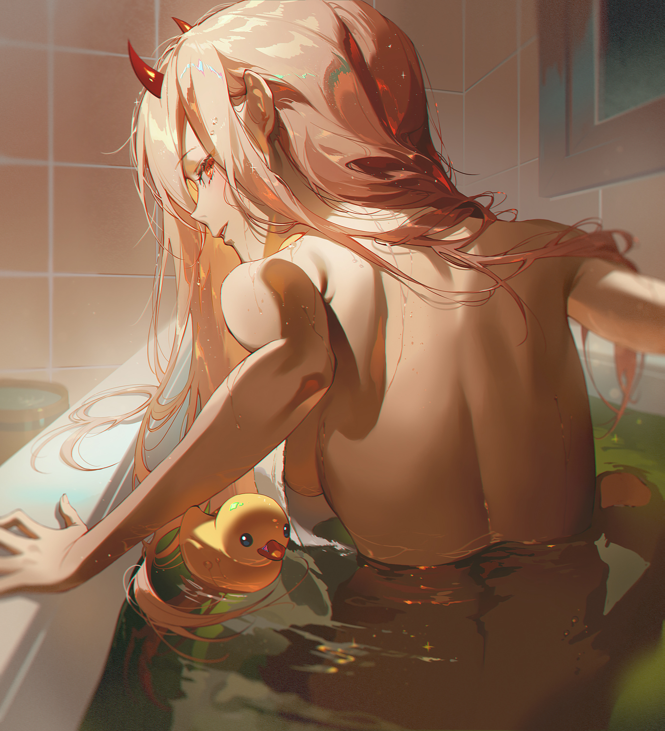 blonde bareback looking at viewer wet body nude Fajyobore Chainsaw Man anime girls Power Chainsaw Man anime horns water bathtub rubber ducks looking back in water wet bathing