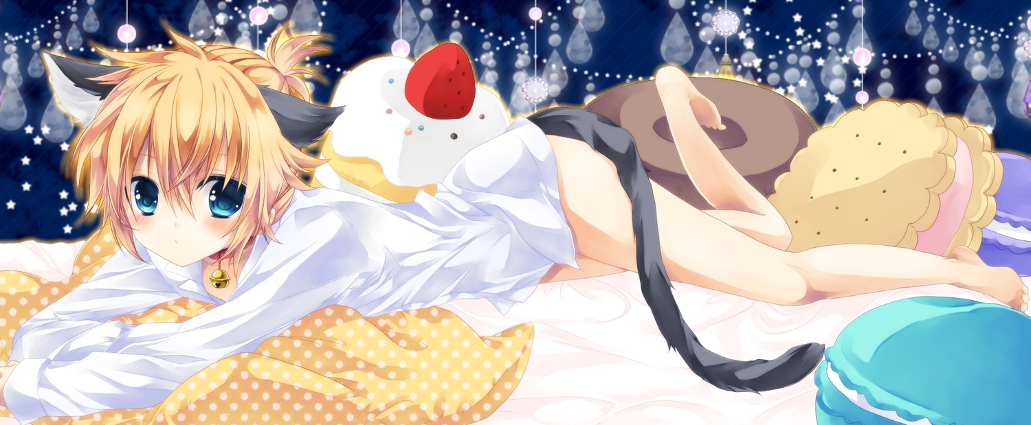 all male animal ears barefoot bed bell blonde hair blue eyes blush cake catboy collar food fruit kagamine len male naked shirt shirt short hair strawberry tail uutan vocaloid