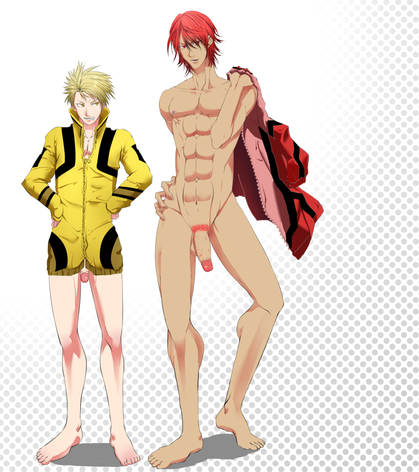 ichigo id8705892 original highres 2boys abs blonde hair full body male focus multiple boys nude penis piercing red hair size difference undressing