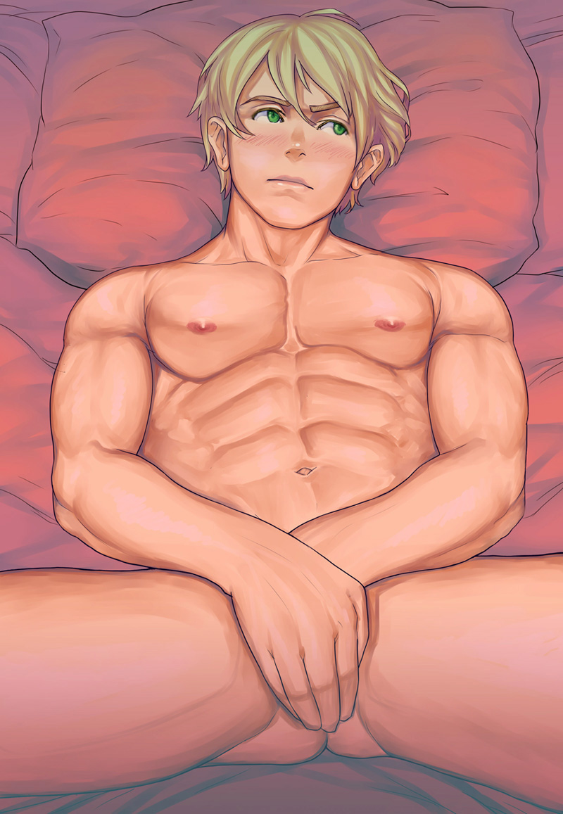1boy abs bed blonde hair green eyes male focus muscular nude pectorals