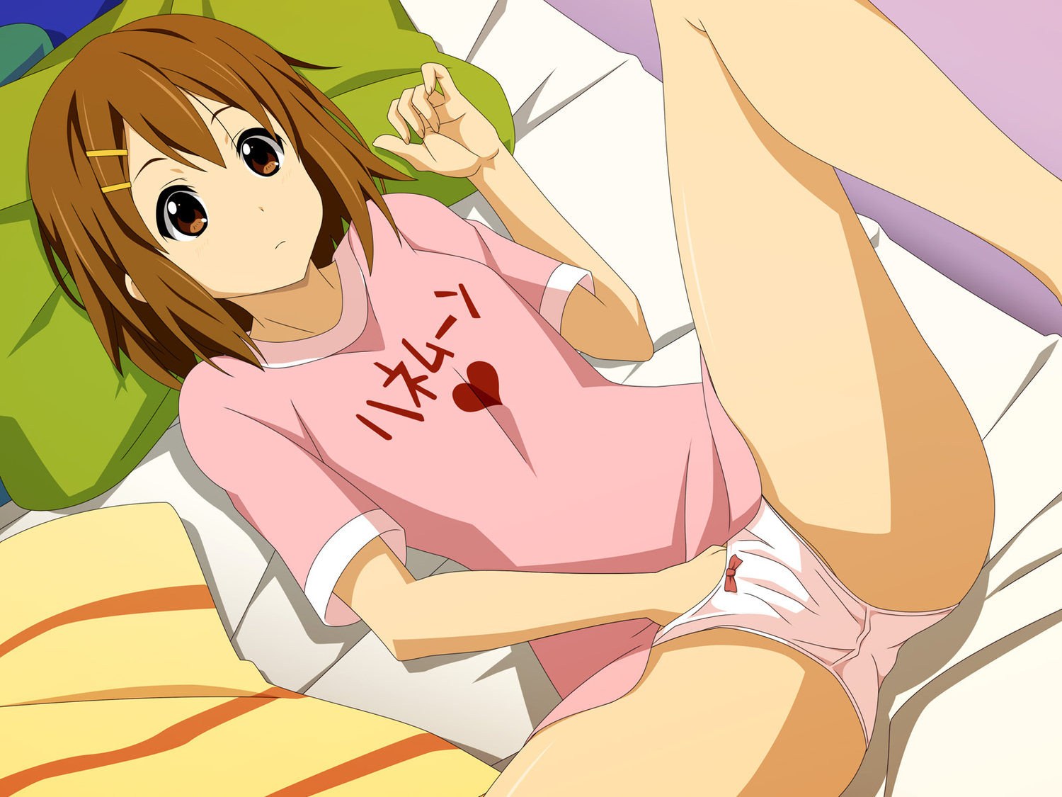 bed brown eyes brown hair fingering hirasawa yui k-on! masturbation panties short hair spread legs underwear