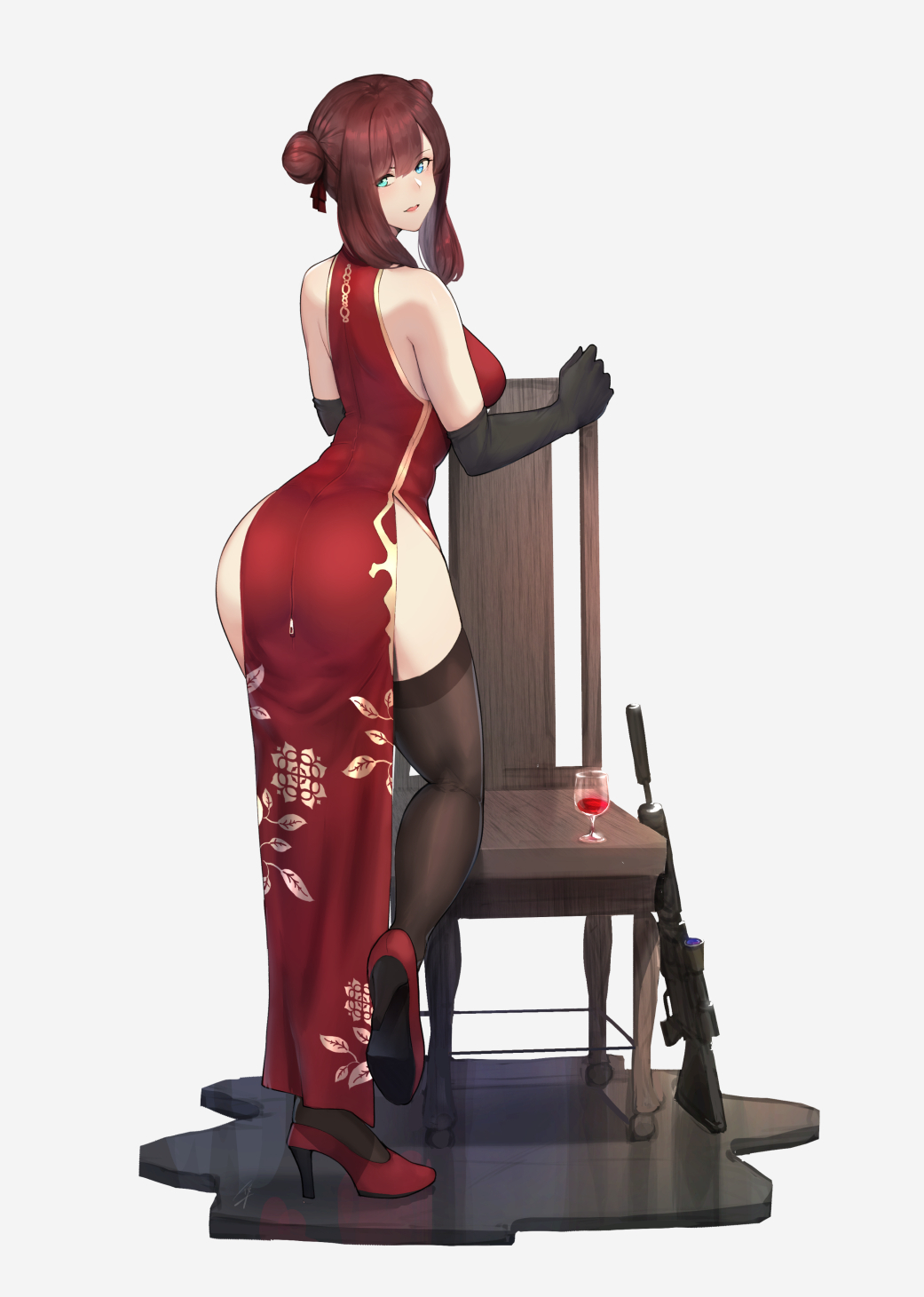 Wallpaper : anime girls original characters Chinese dress vert 320 simple background ass legs weapon chair redhead 1041x1461