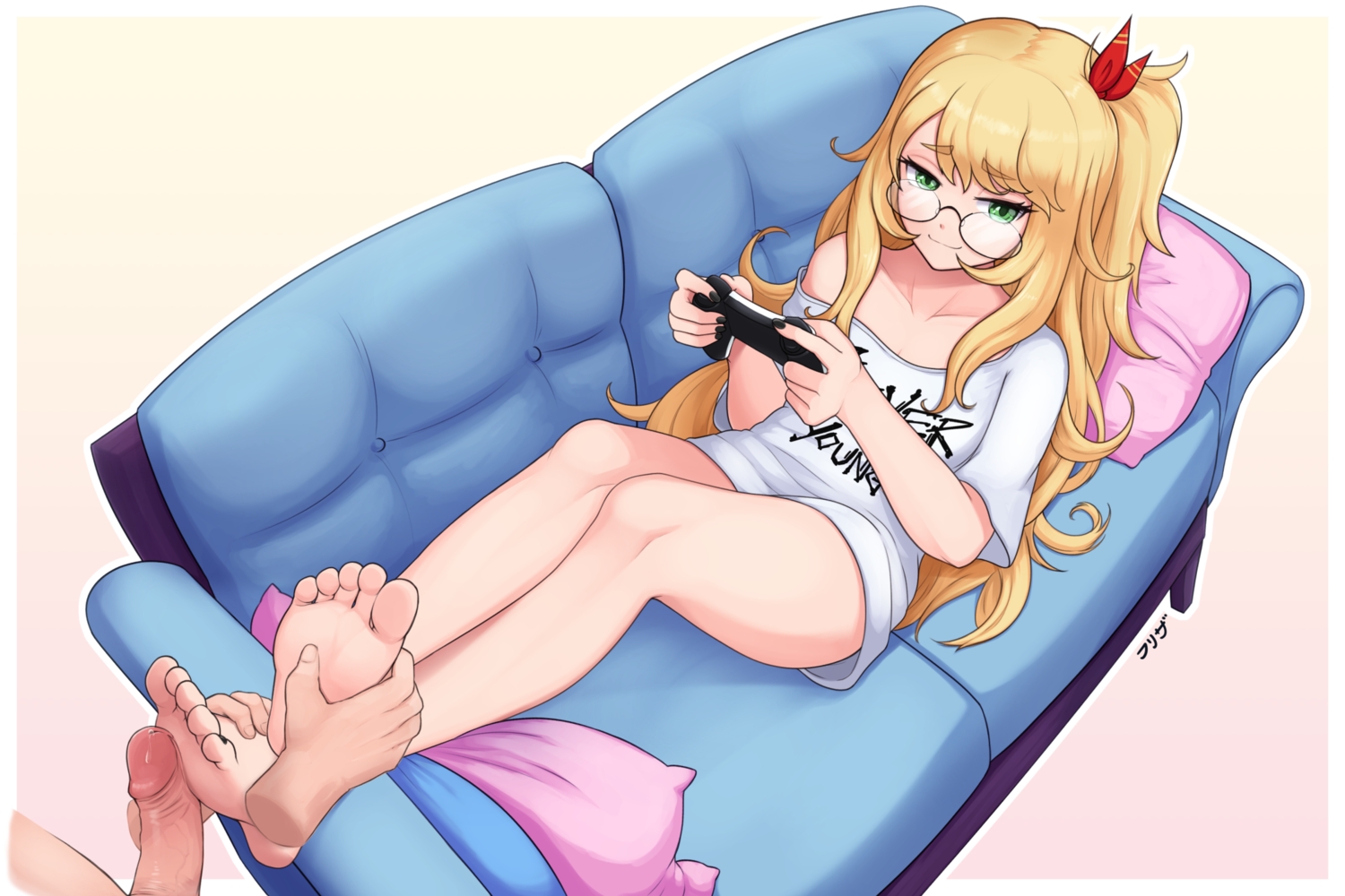 barefoot blonde hair efreezerarts footjob game console glasses green eyes long hair original penis signed uncensored