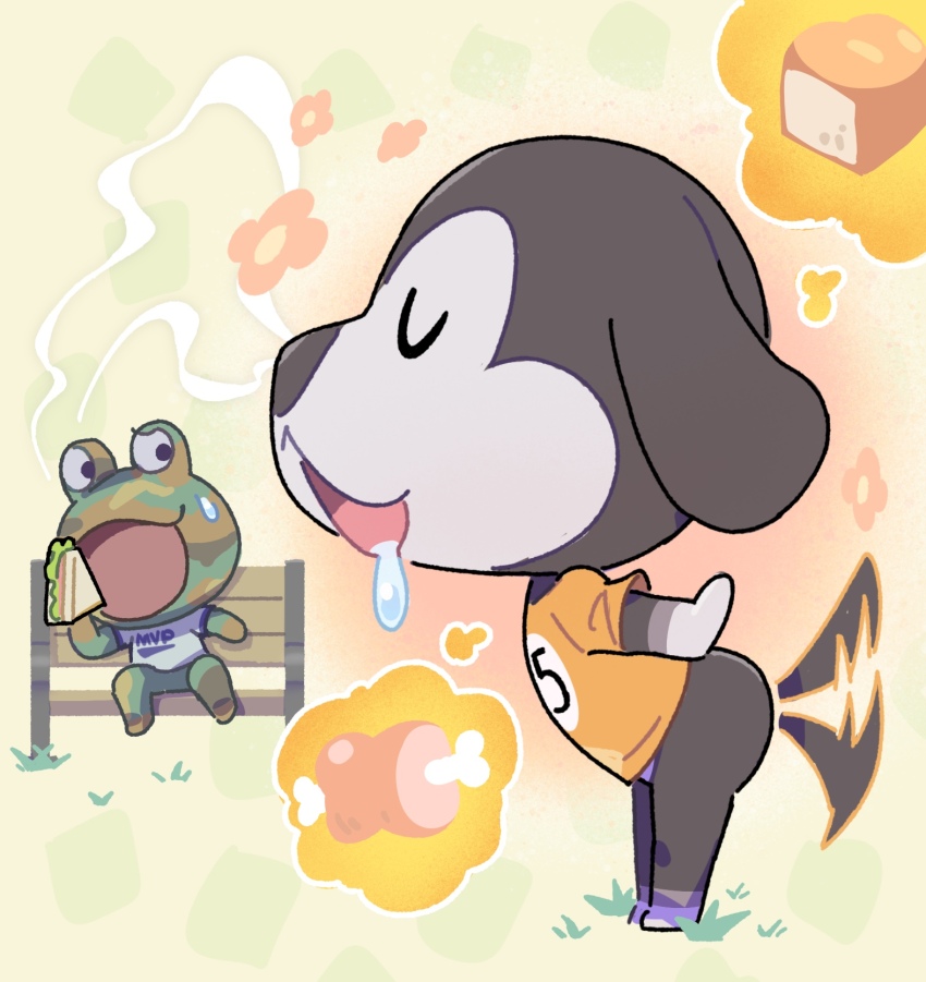 kopa nishikida camofrog animal crossing walker animal crossing animal crossing nintendo commentary request highres 2boys :d afterimage bench boned meat bread closed eyes clothes writing dog boy drooling food frog boy furry