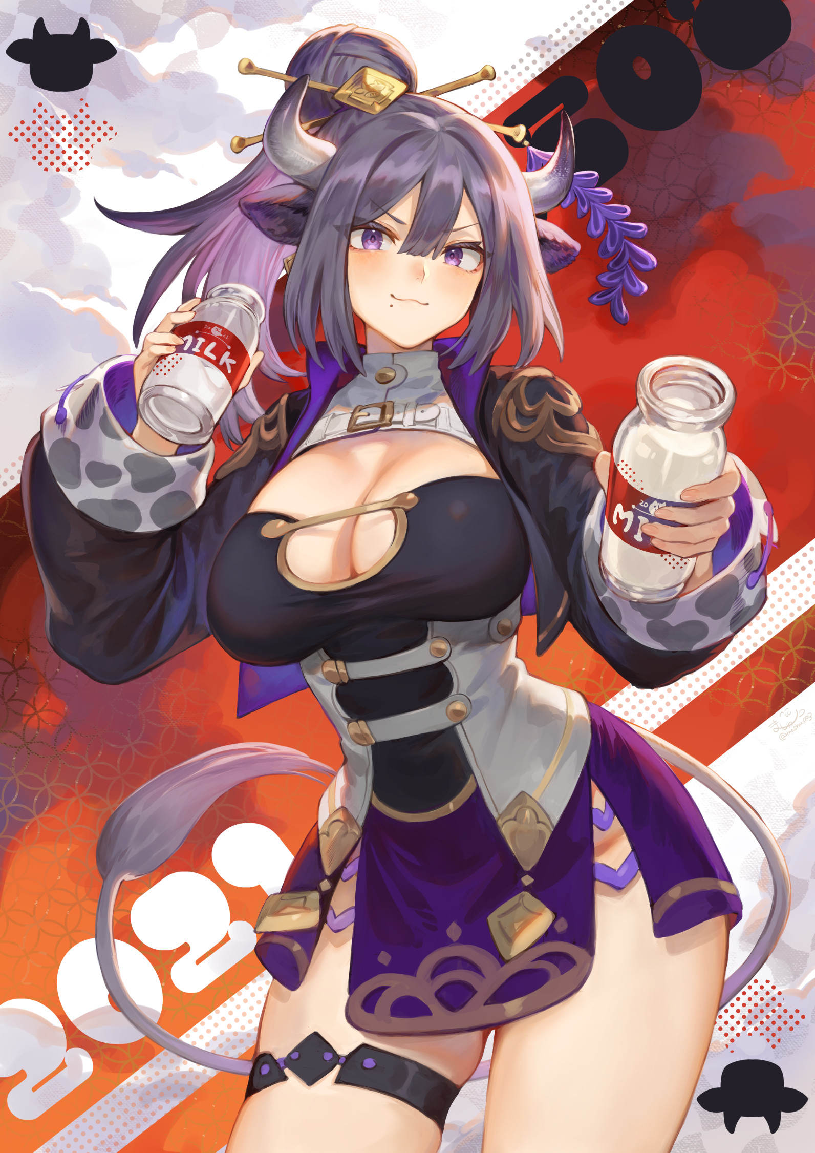 Wallpaper : gadis anime seni digital karya seni 2D tampilan potret vertikal payudara besar Asia tanduk seni fantasi gadis fantasi susu mata ungu curvy 1592x2251
