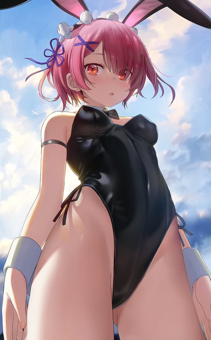 HD wallpaper: anime girls pink hair red eyes bunny suit bunny ears Ram Re: Zero