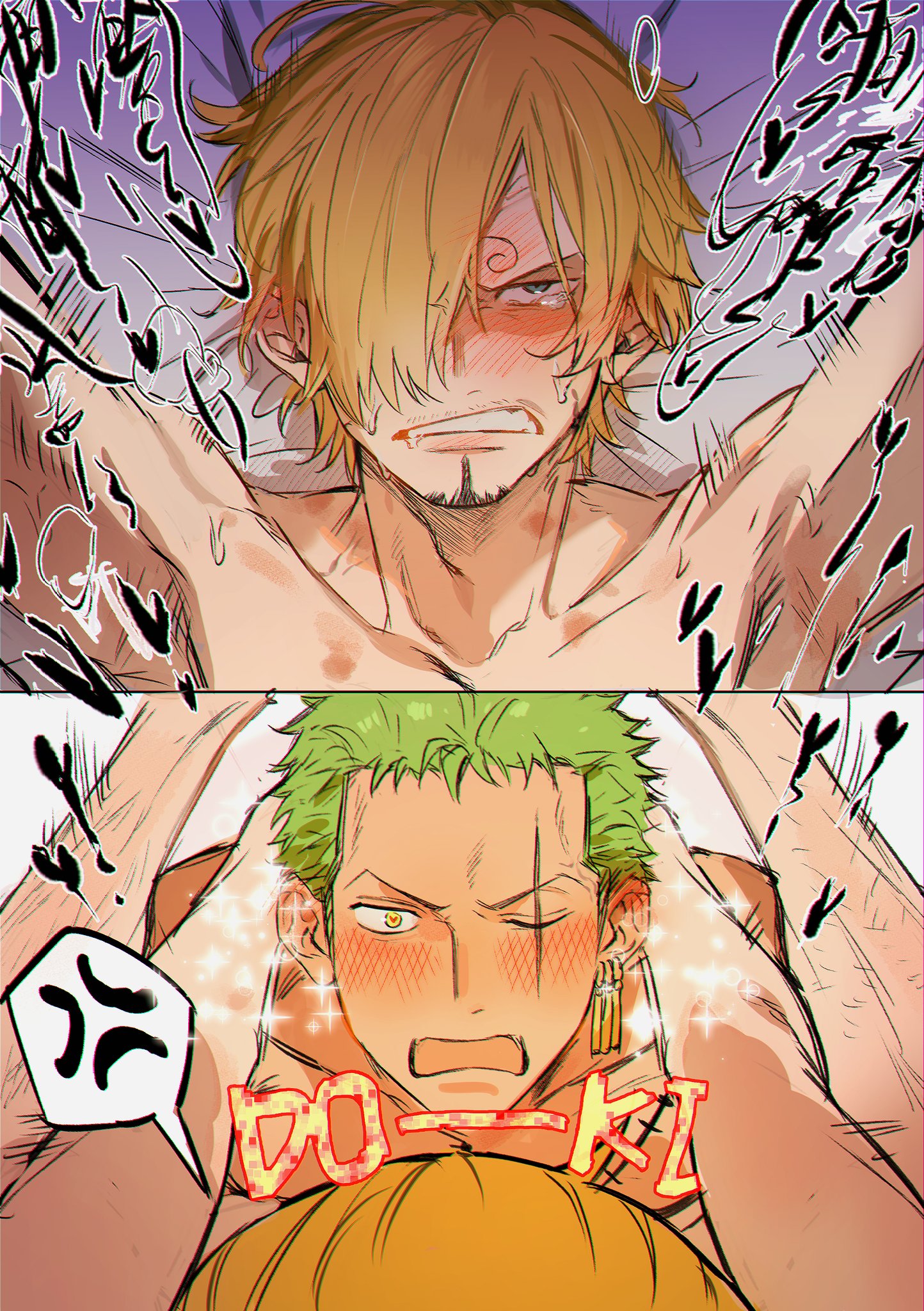 ynnn m roronoa zoro sanji one piece one piece commentary request highres angry beard blonde hair blue eyes colored skin earrings facial hair flustered green hair happy hickey implied sex jewelry looking