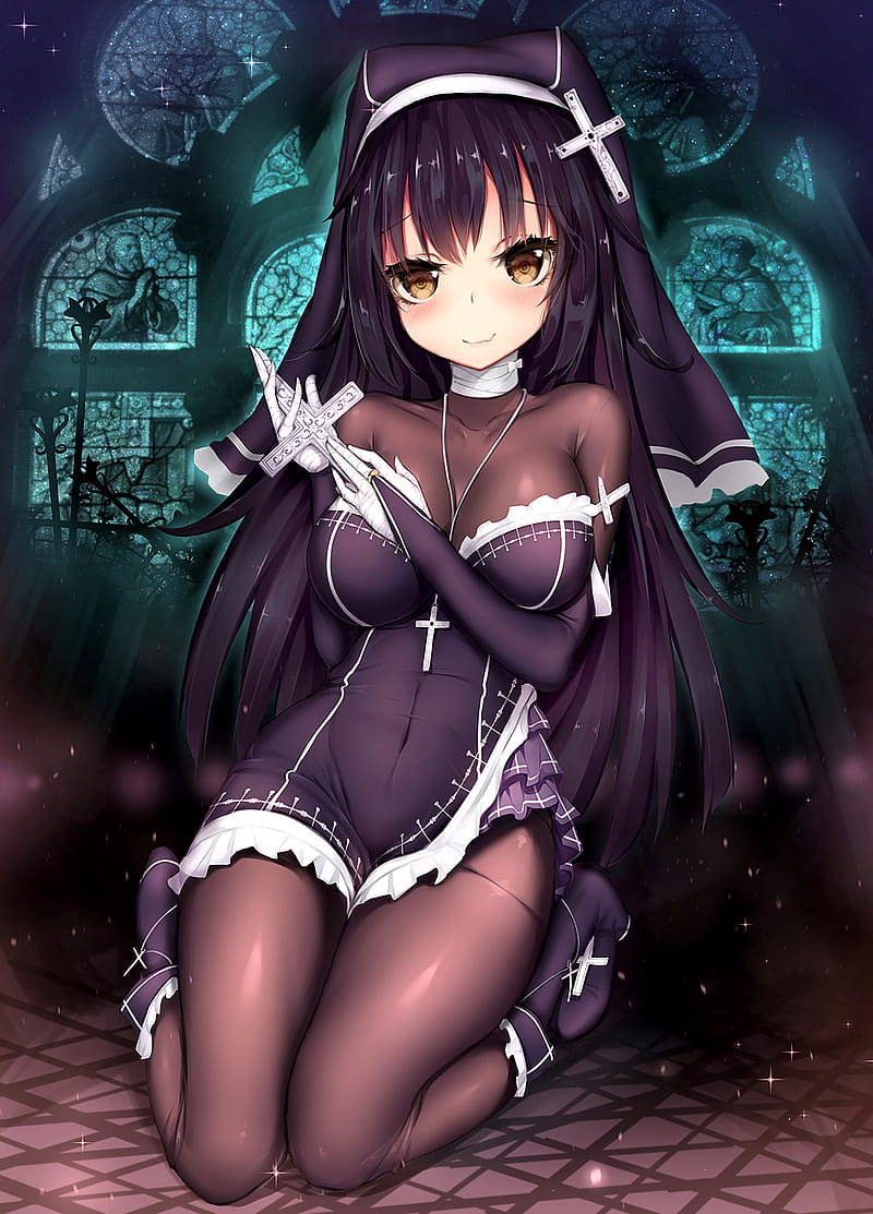 Dk. Senie artwork anime girls nuns nuns habit pantyhose cross HD phone wallpaper