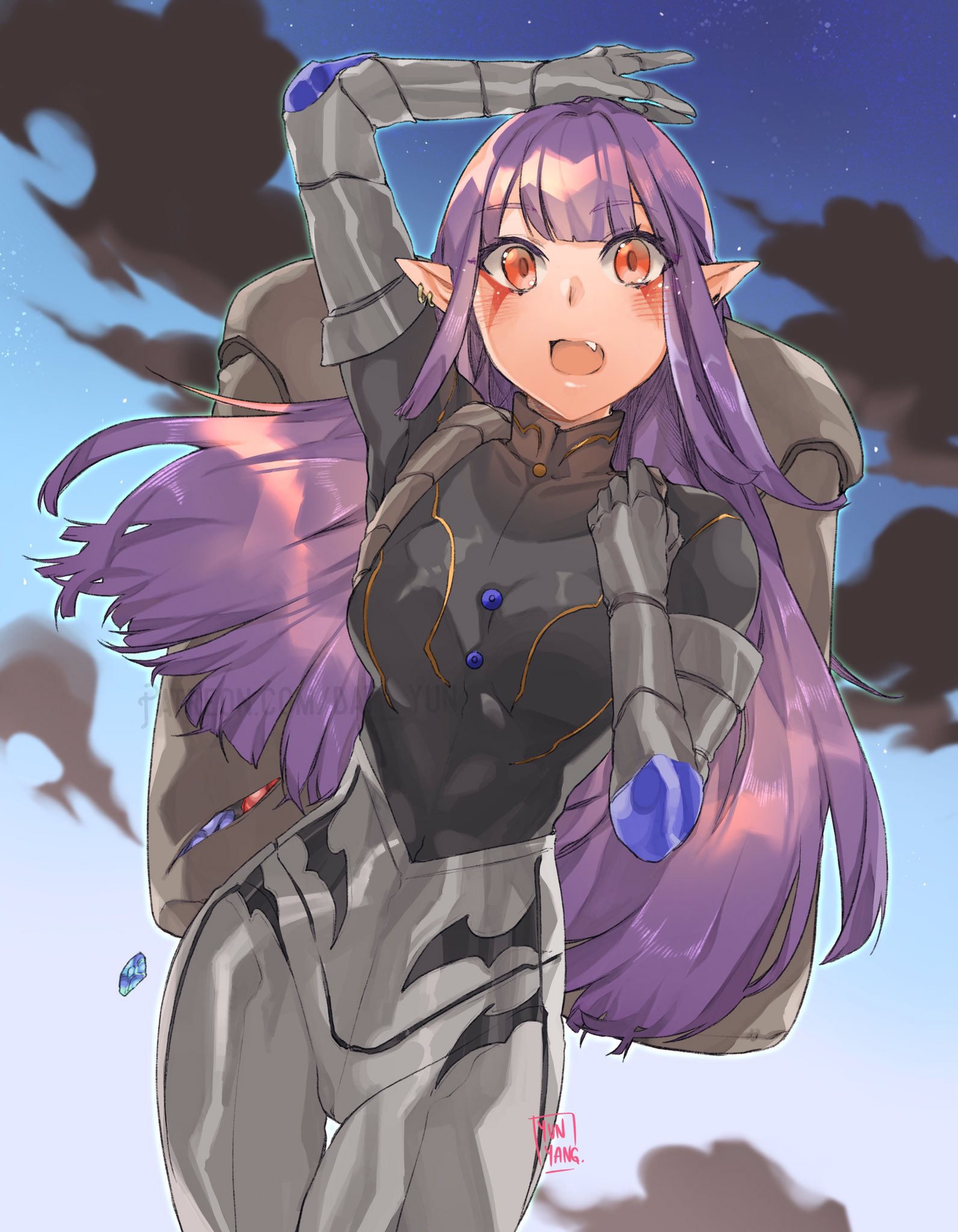 yun-yang esil radiru solo leveling highres 1girl armor backpack bag blue sky blunt bangs demon girl earrings fang jewelry long hair pointy ears purple hair red eyes sidelocks sky thigh gap -