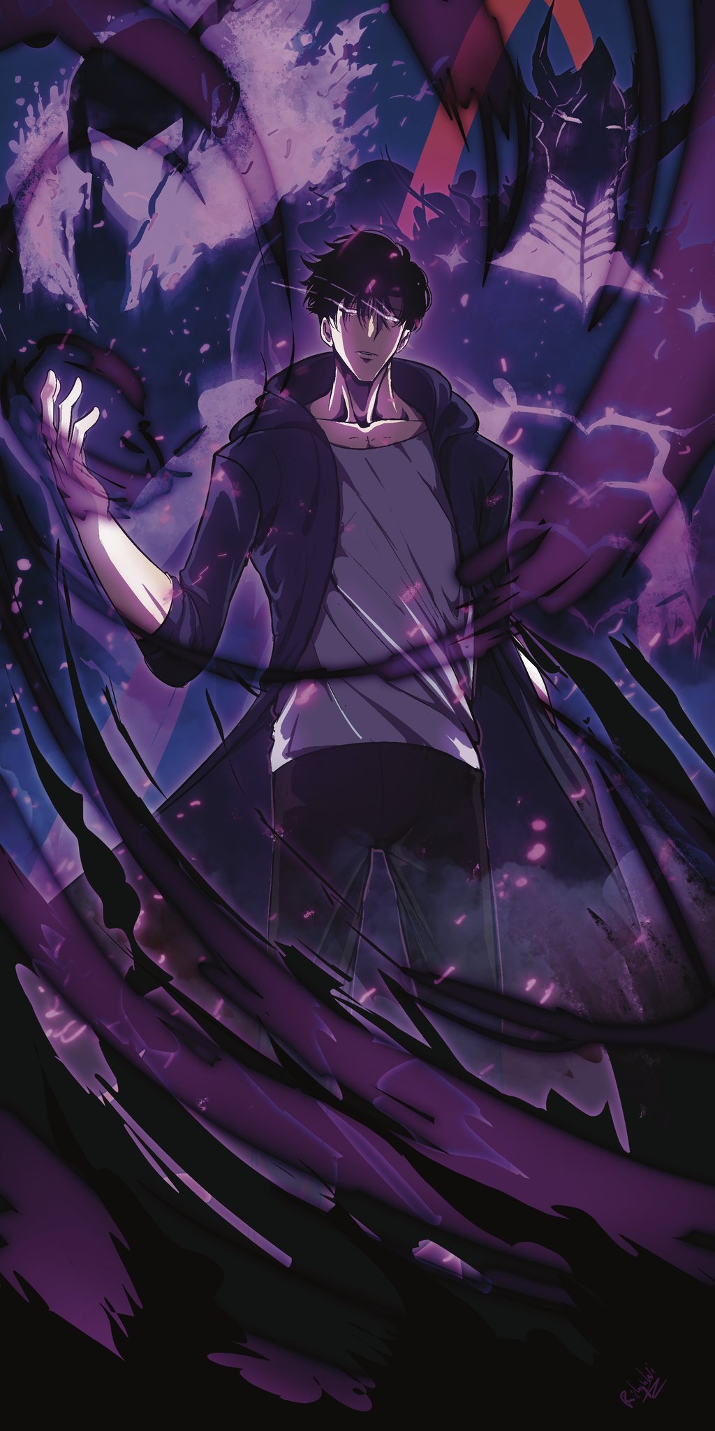 igris solo leveling iron solo leveling sung jin-woo solo leveling highres 1boy 2others armor aura black coat black hair coat dark aura fake horns full armor glowing glowing armor glowing eyes helmet