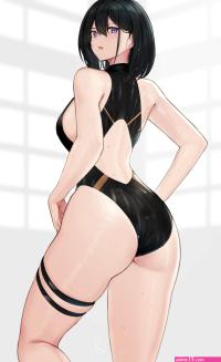ass Hayabusa artist anime girls anime portrait display black hair purple eyes one-piece swimsuit