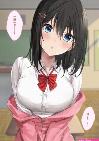 big boobs open jacket women indoors anime indoors blue eyes classroom dark hair frontal view anime girls short hair looking at viewer Azuki Yui HD Phone Wallpaper