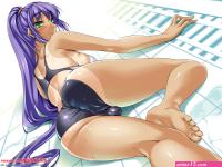 ass barefoot bikini cameltoe green eyes kure masahiro logo purple hair swimsuit tan lines