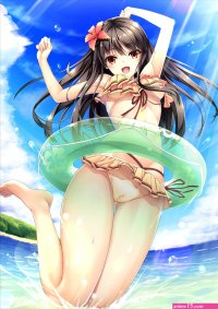 cameltoe feet underboob long hair orange eyes legs anime anime girls bikini wet sea water