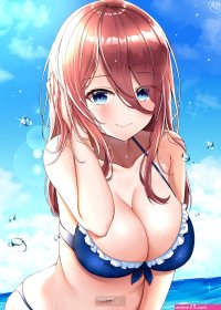 anime anime girl boobs big boobs long hair 5-toubun no Hanayome Nakano Miku redhead blue eyes bikini blue bikini water sky clouds bare shoulders background hd 2144x3000 HD Phone Wallpaper