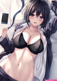 cleavage big boobs schoolgirl lying on back anime anime girls bra purple eyes school uniform phone