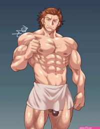 shirako kirupi deliford granblue fantasy revision 1boy abs bara brown hair chest hair feet out of frame flaccid large pectorals leg hair long sideburns looking at viewer male focus mature male muscular