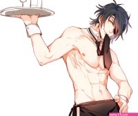 all male anthropomorphism apron black hair collar eyepatch male naked apron navel nipples orange eyes shokudaikiri mitsutada short hair sketch tagme artist tie topless touken ranbu wristwear