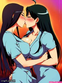 Porn image of fully clothed black hair lesbian huge boobs anime 20 doctor kissing created by AI