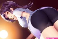 ass blush huyumitsu long hair orange eyes original ponytail purple hair shorts skintight