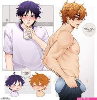 scaramouche genshin impact tartaglia genshin impact genshin impact highres 2boys blue eyes bouncing ass bouncing bulge bulge bulge lift cup dressing grey male underwear holding holding cup i039ve never seen