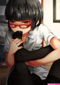 chen bin original absurdres highres 1girl bed black hair black pantyhose blush crotch seam feet glasses hands on feet holding with feet licking licking foot licking own foot licking self no pants