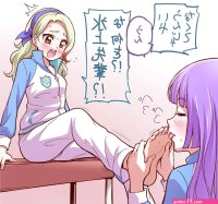 ogry ching hikami sumire kurosawa rin aikatsu! aikatsu! translated 2girls barefoot blonde hair blush brown eyes closed eyes eyebrows feet flying sweatdrops foot worship hairband hands on feet holding another039s foot