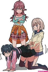 ogasawara komiya kaho mayuzumi fuyuko serizawa asahi idolmaster idolmaster shiny colors 3girls all fours black thighhighs crossed arms dry humping hand on another039s ass humping long sleeves looking at another motion lines