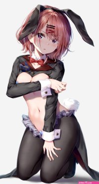 Kuria artwork higuchi madoka 2D blushing vertical anime THE nipple pasties purple eyes pasties The Idolmaster: Shiny Colors digital art portrait display reverse bunny suit covering boobs anime girls brunette kneeling short