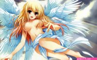 A half-naked girl with wings flying in the sky