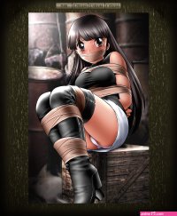 shingyouji tatsuya screencap 1girl arms behind back bdsm black thighhighs blush bondage boots bound bound ankles bound legs box brown eyes brown hair cloth gag d-2 girls gag gagged high heels improvised