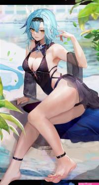 cleavage ass big boobs blue hair feet anime anime girls Eula Genshin Impact Genshin Impact dress yellow eyes