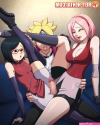 reit haruno sakura uchiha sarada uzumaki boruto boruto: naruto next generations naruto series highres 1boy 2girls age difference blue couch breasts censored cooperative grinding cum ejaculation erection feet out of frame ffm