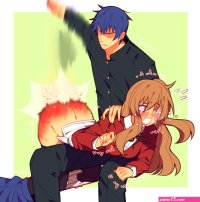 cherrys-12 aisaka taiga takasu ryuuji toradora! highres 1boy 1girl ass blue hair brown hair crying long hair panties punishment red ass spanked spanking tears underwear white panties
